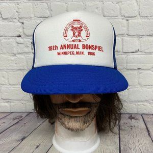 Vintage Farmer Hat Trucker Mesh Cap Snapback Blue Canadian Livestock Curling 80s